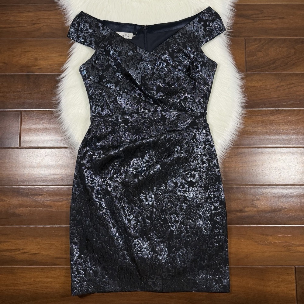 Teri Jon Rickie Freeman Size 12 Black Blue Metallic Sleeveless Sheath Dress